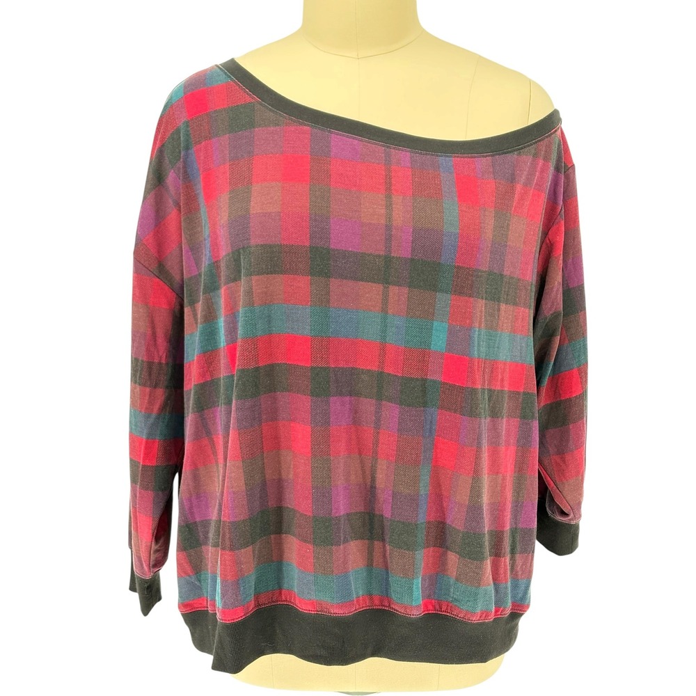 Torrid Sweatshirt Red‎ Green Plaid Off Shoulder Slouchy 3
